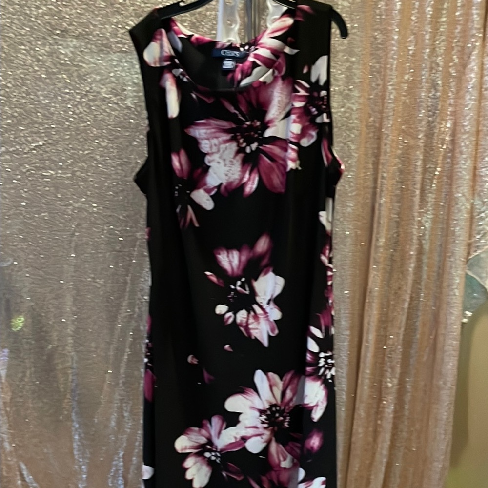 Chaps Black Midi Dress with Pink and White Floral Print
